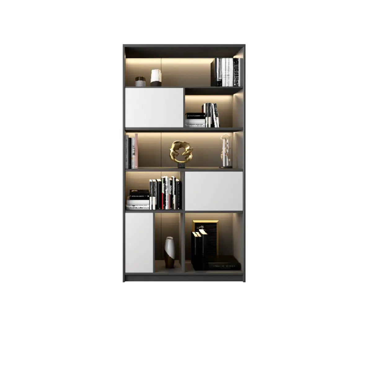 Black Modern Illuminated Vertical Wood Display Bookcase Image - 13