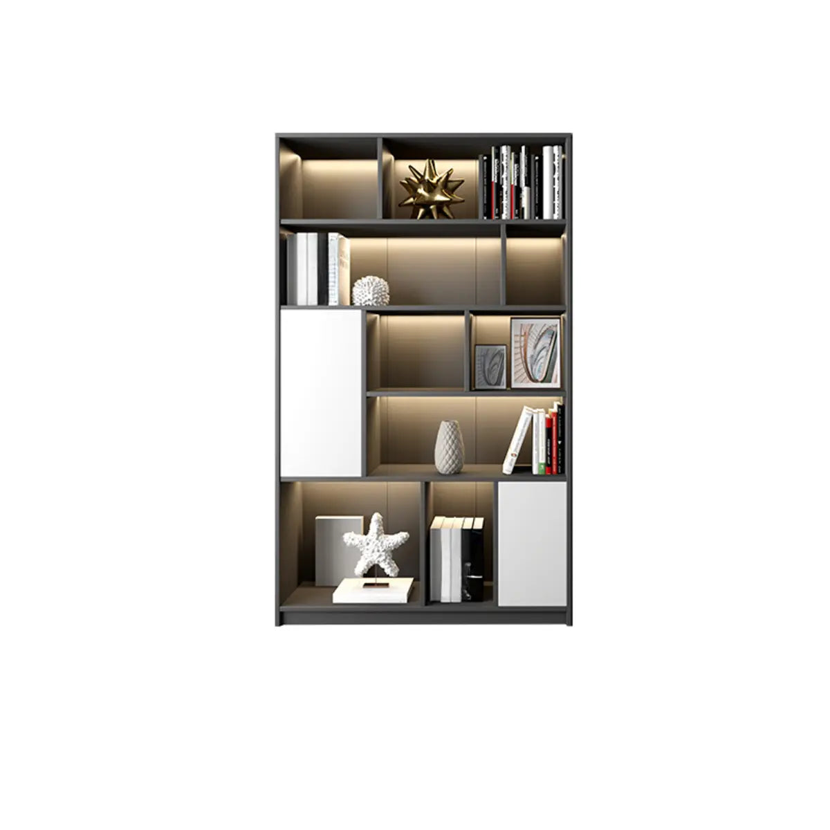 Black Modern Illuminated Vertical Wood Display Bookcase Image - 14