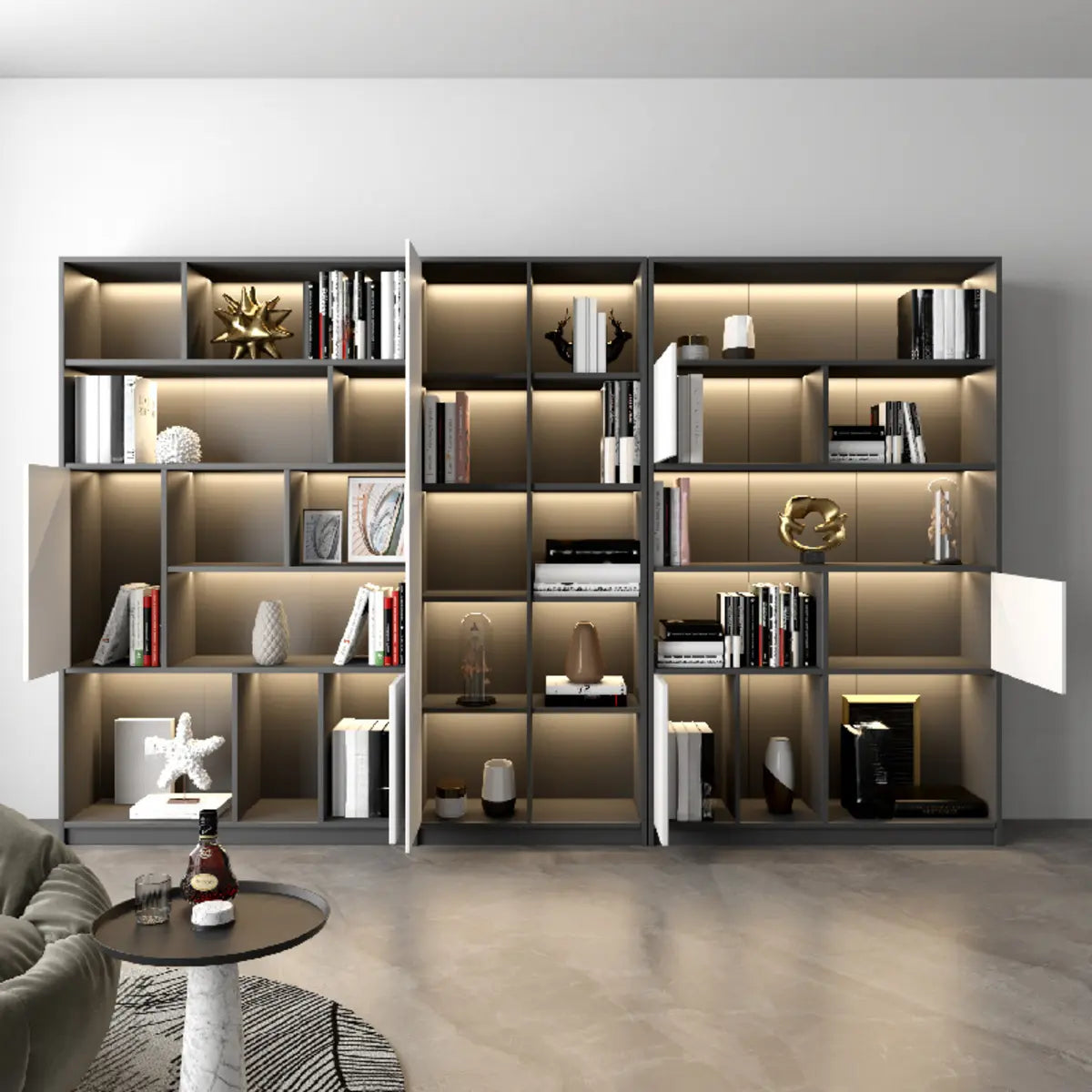 Black Modern Illuminated Vertical Wood Display Bookcase Image - 2