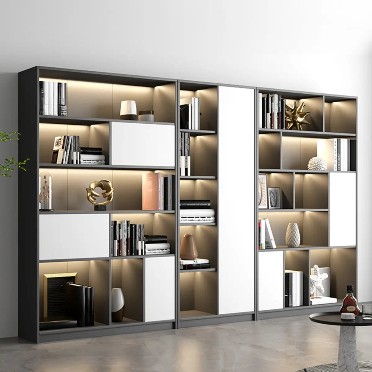 Black Modern Illuminated Vertical Wood Display Bookcase Image - 4