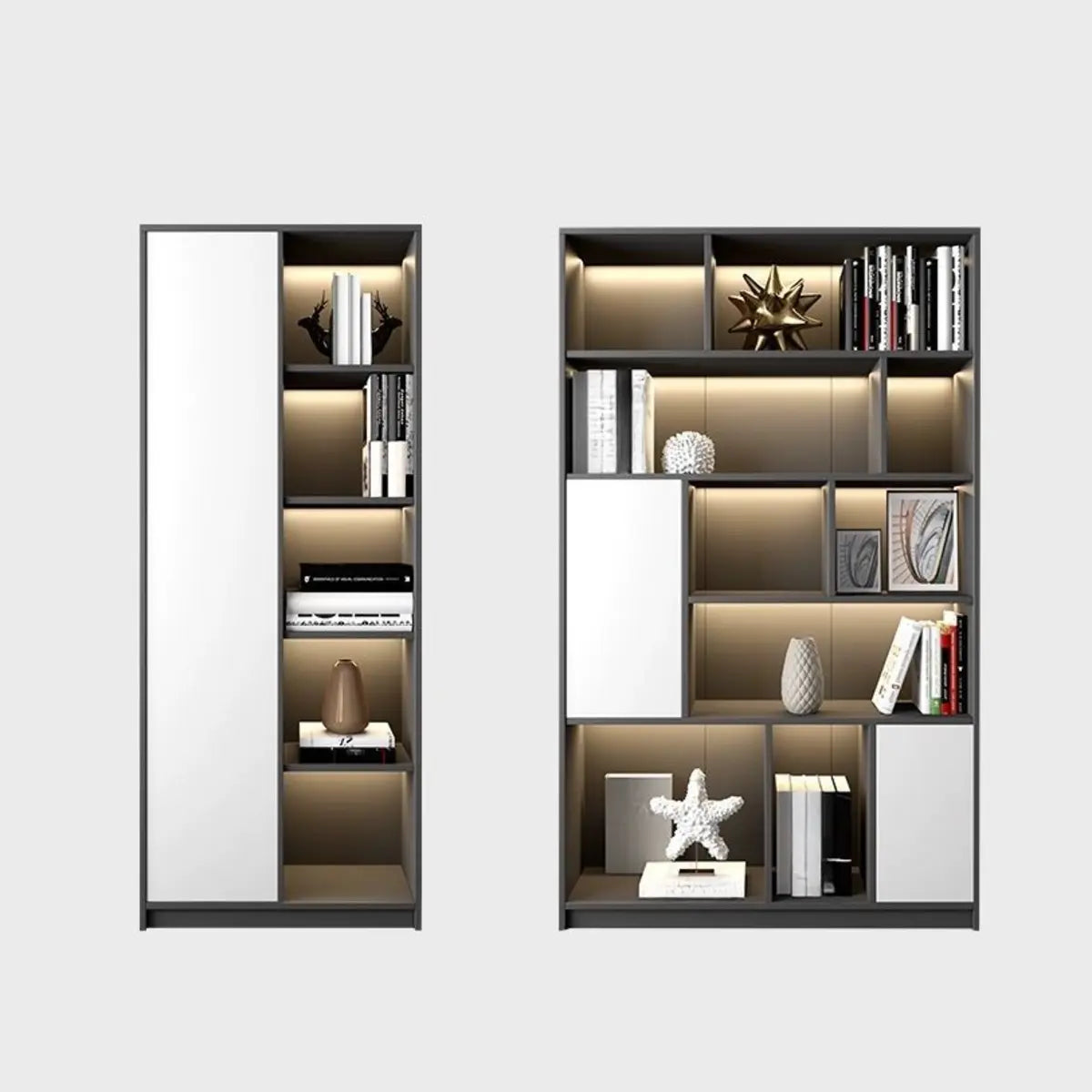 Black Modern Illuminated Vertical Wood Display Bookcase Image - 5