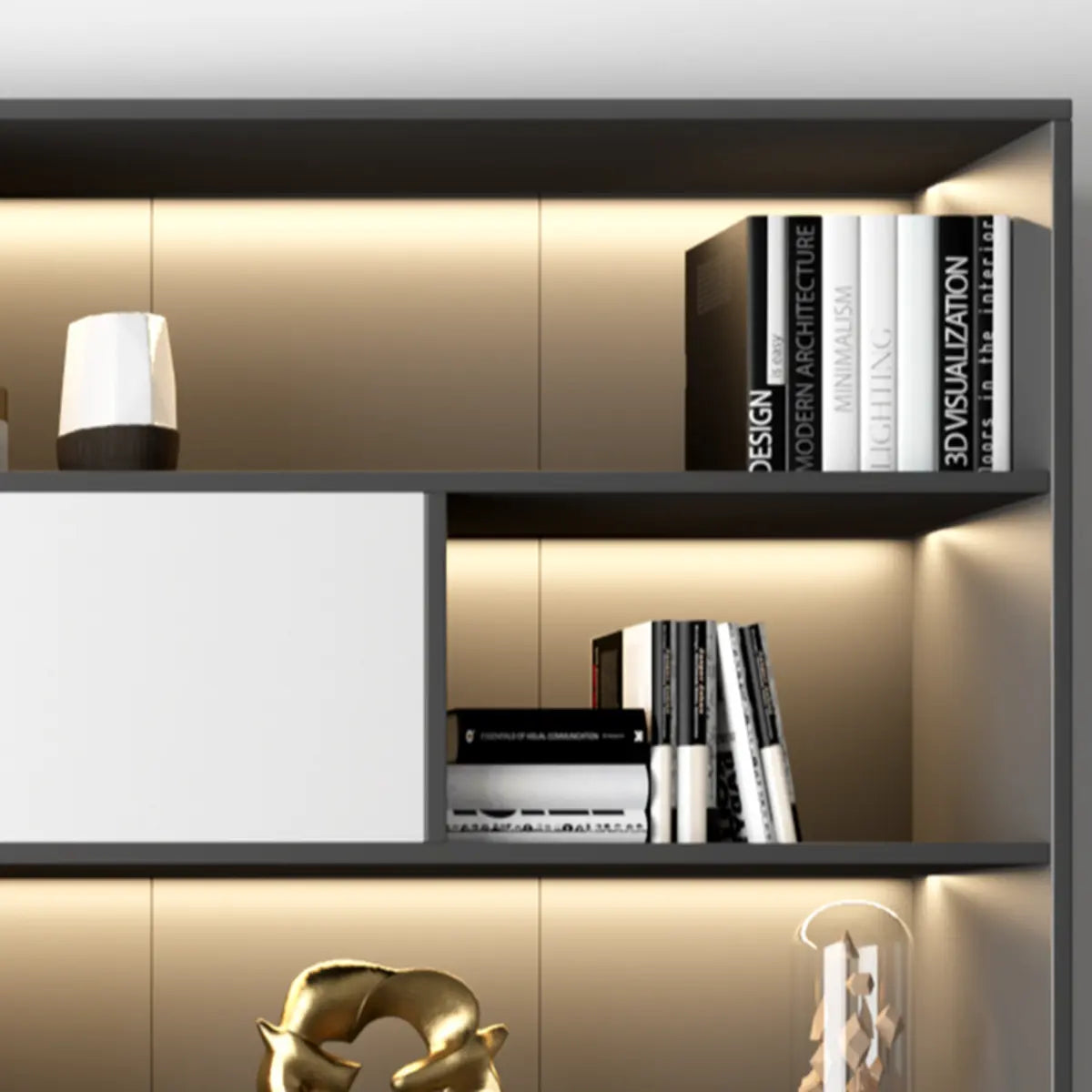 Black Modern Illuminated Vertical Wood Display Bookcase Image - 7