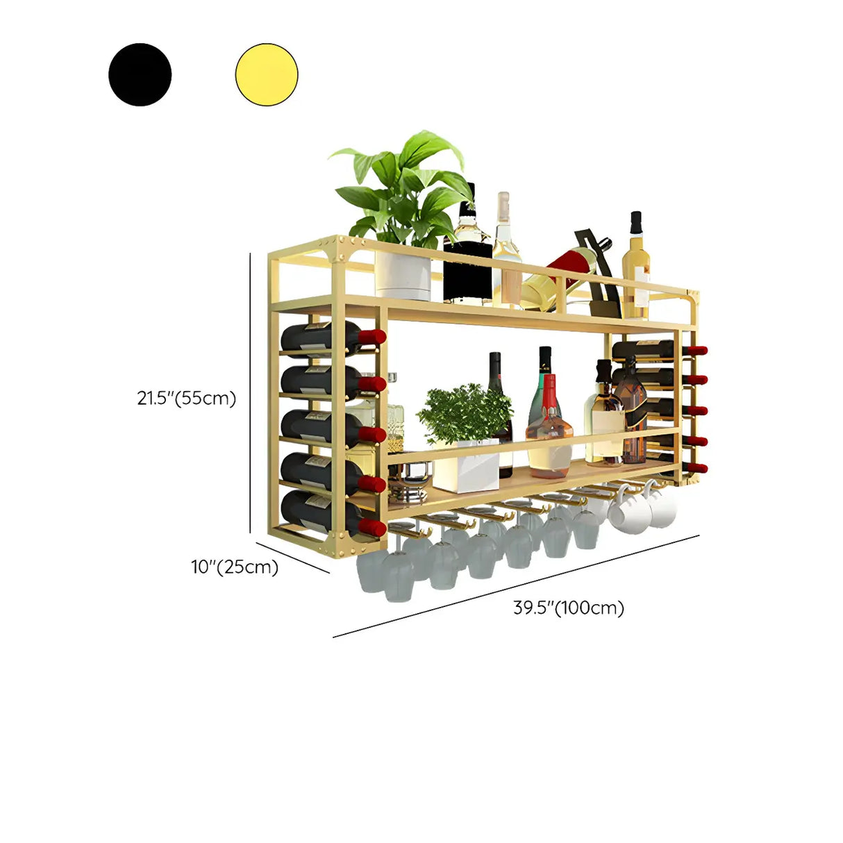 Black Modern Iron Floating Wall Wine Rack with Glass Holder 