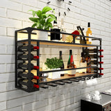 Black Modern Iron Floating Wall Wine Rack with Glass Holder Image - 4
