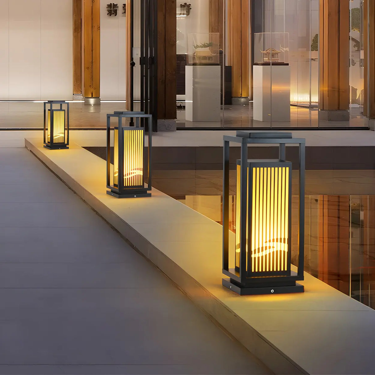 Black Modern Metal Rectangle Lantern Outdoor Solar Lamp Image - 12