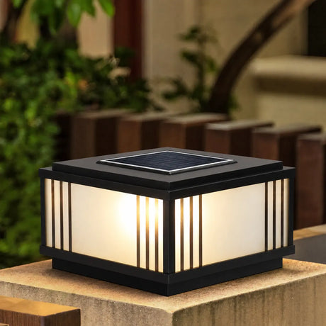 Black Modern Stripe Square Solar Outdoor Pillar Lamp Image - 1