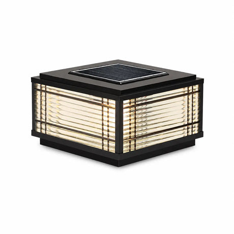 8" Rectangle Black Modern Stripe Square Solar Outdoor Pillar Lamp Image - 2