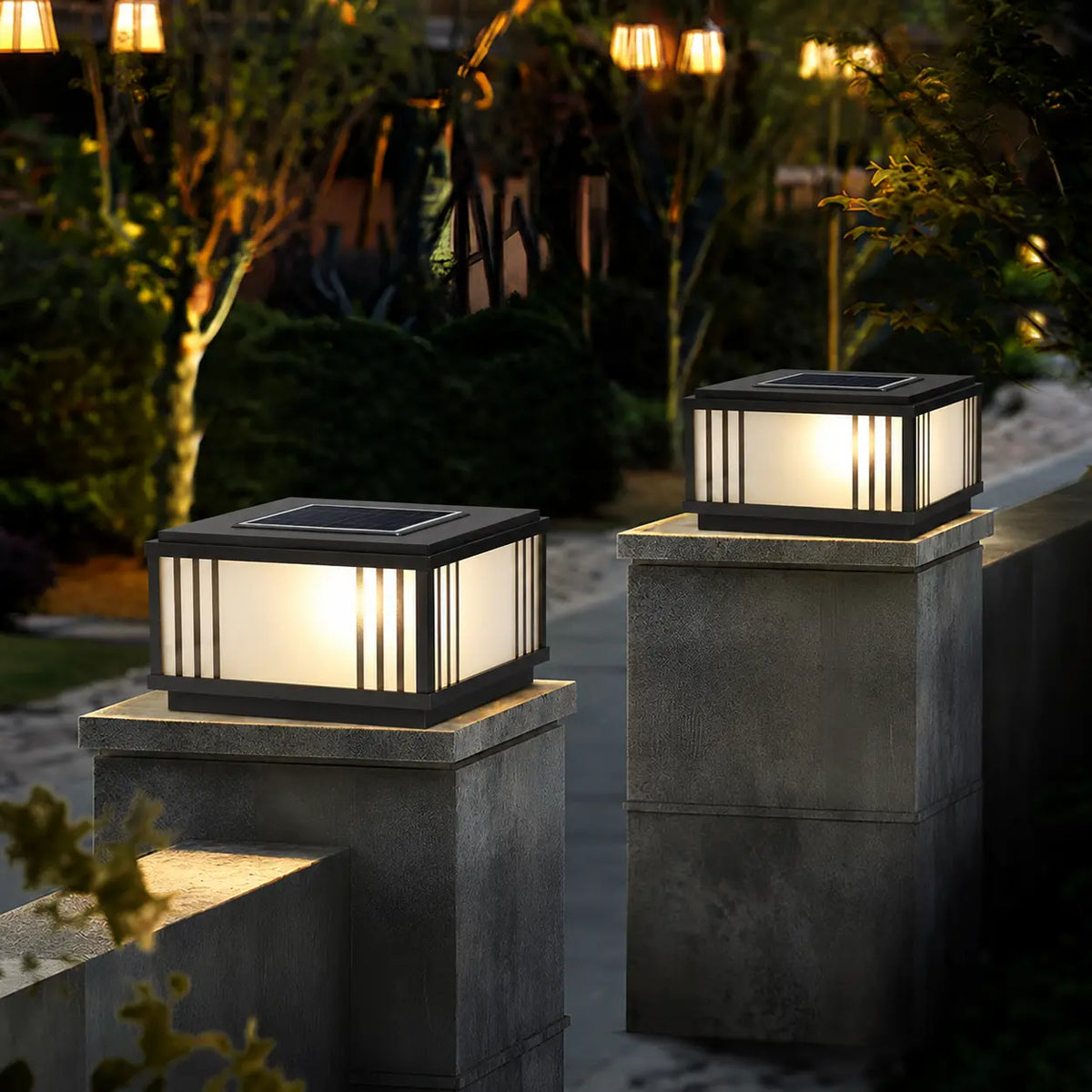 Black Modern Stripe Square Solar Outdoor Pillar Lamp Image - 3