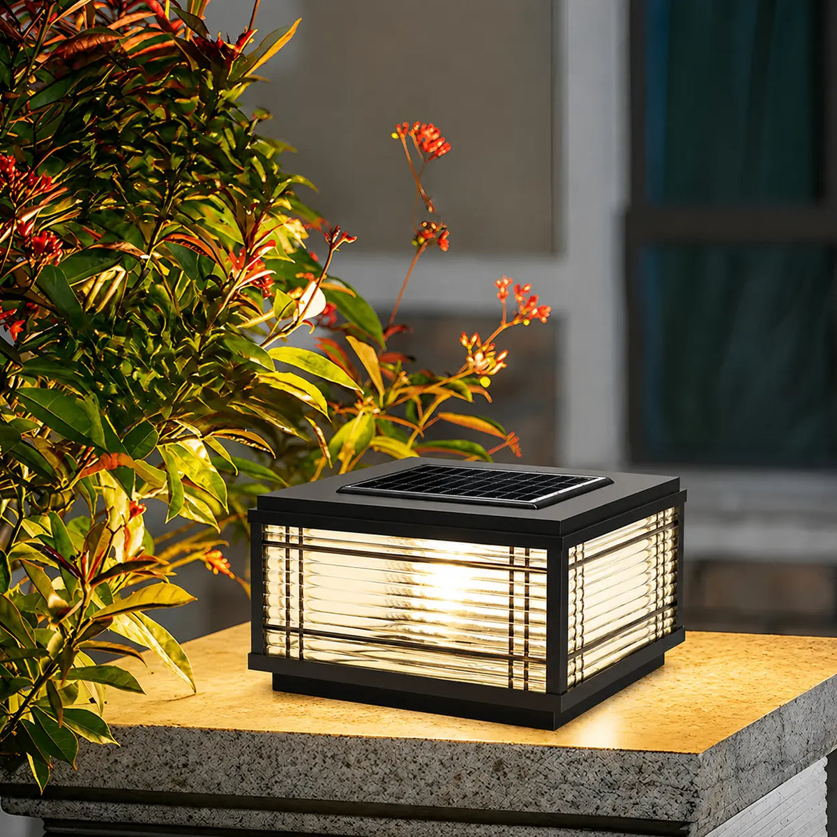Black Modern Stripe Square Solar Outdoor Pillar Lamp Image - 6
