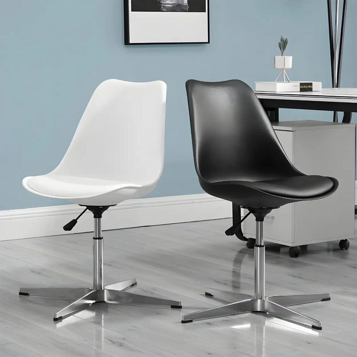 Black Modern Swivel Armless Metal Base Office Chair Image - 6