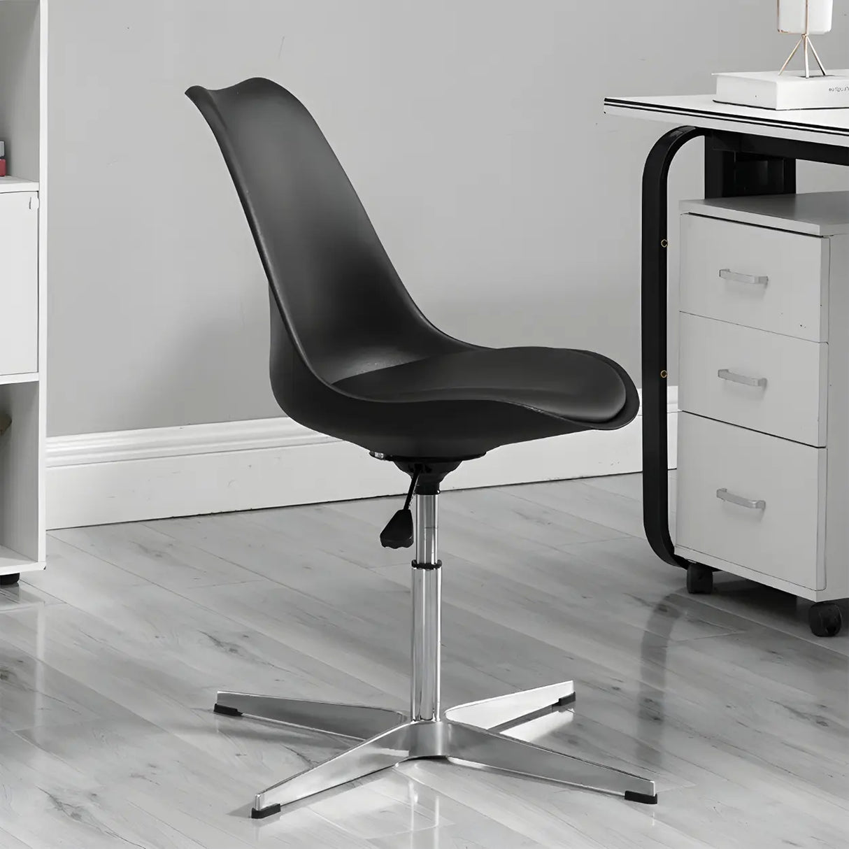 Black Modern Swivel Armless Metal Base Office Chair Image - 8