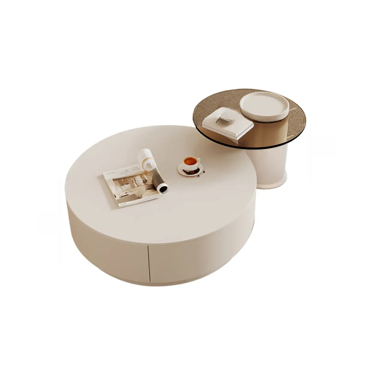 Black Nested Embossed Drum Stone Drawers Coffee Table Image - 5