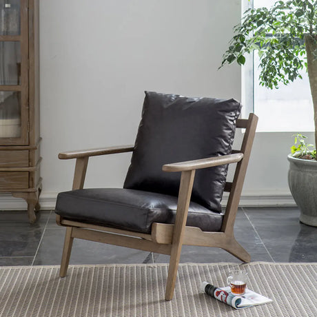 Black Oiled Leather Pillow Back Wood Frame Arm Chair Image - 1