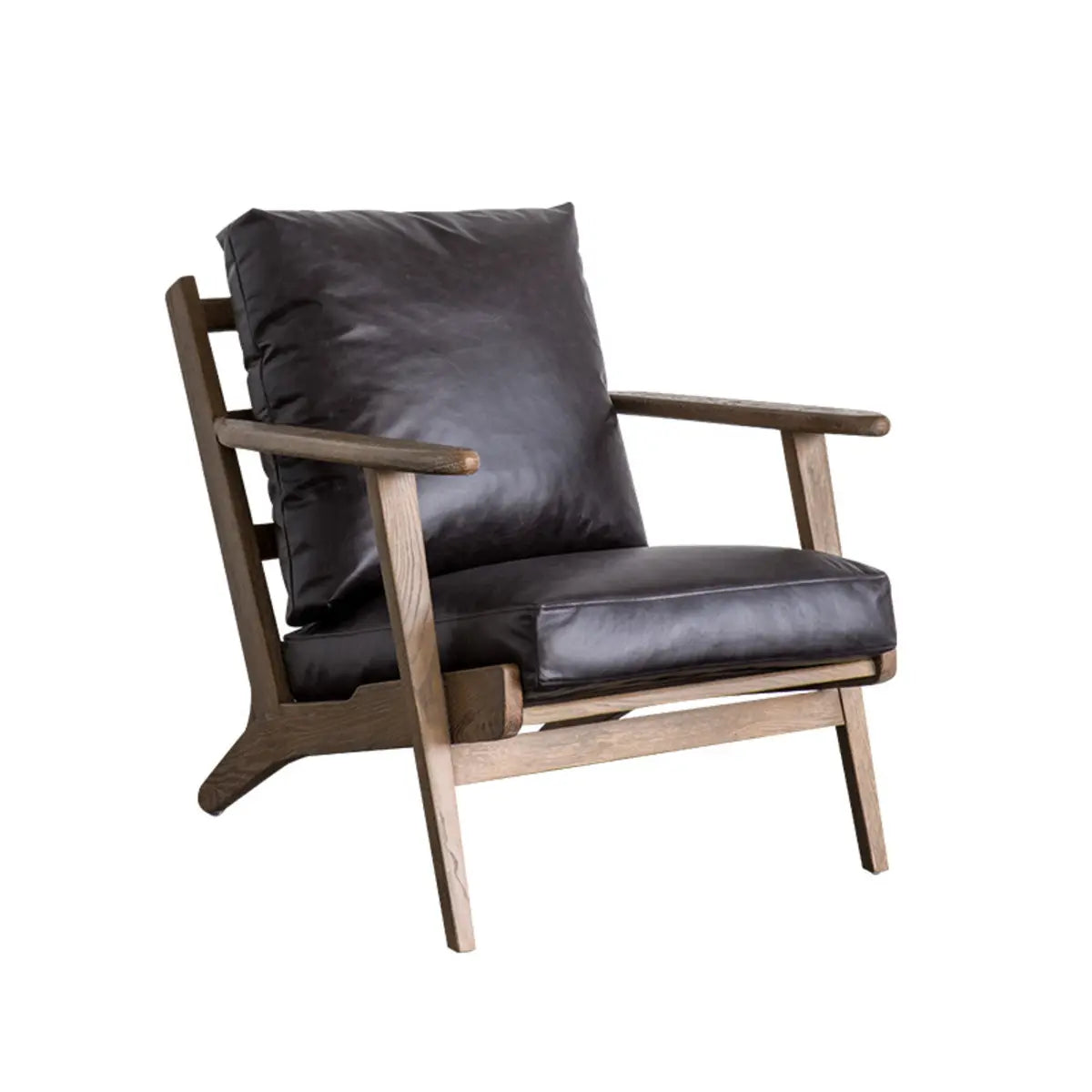 Black Oiled Leather Pillow Back Wood Frame Arm Chair Image - 11