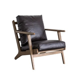 Black Oiled Leather Pillow Back Wood Frame Arm Chair Image - 11