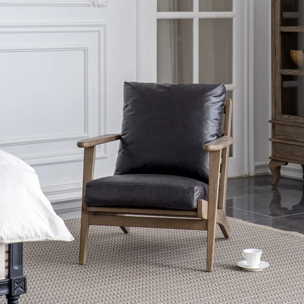 Black Oiled Leather Pillow Back Wood Frame Arm Chair Image - 2