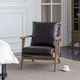 Black Oiled Leather Pillow Back Wood Frame Arm Chair Image - 2