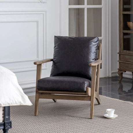 Black Oiled Leather Pillow Back Wood Frame Arm Chair Image - 2