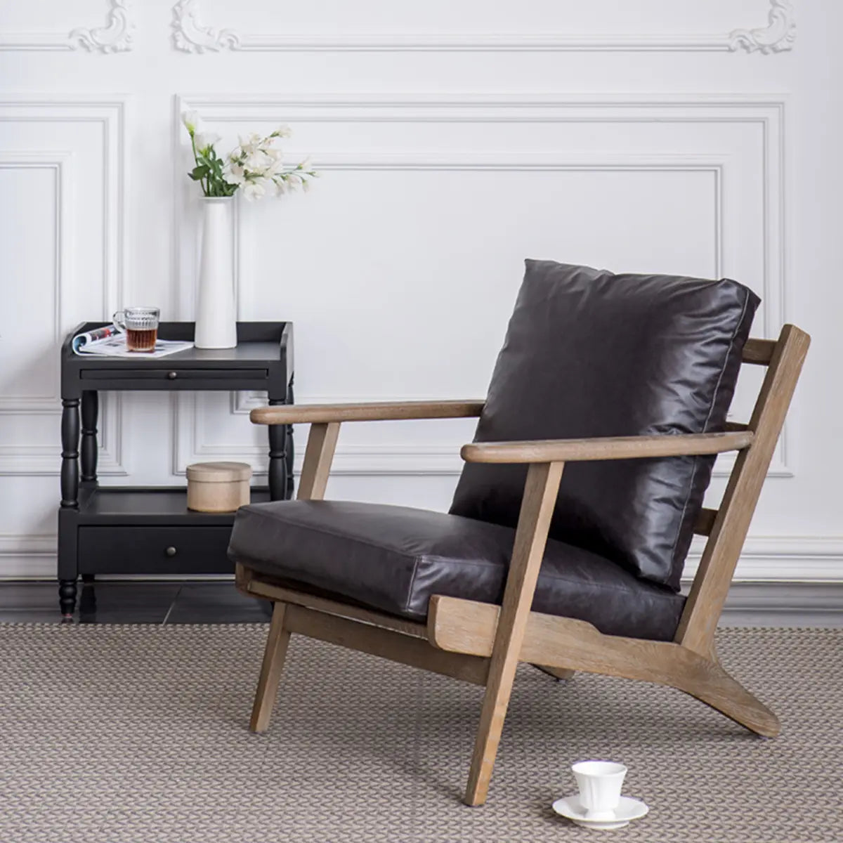 Black Oiled Leather Pillow Back Wood Frame Arm Chair Image - 3