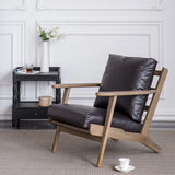 Black Oiled Leather Pillow Back Wood Frame Arm Chair Image - 3