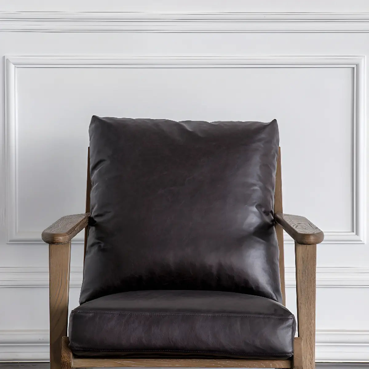 Black Oiled Leather Pillow Back Wood Frame Arm Chair Image - 6