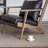 Black Oiled Leather Pillow Back Wood Frame Arm Chair Image - 7