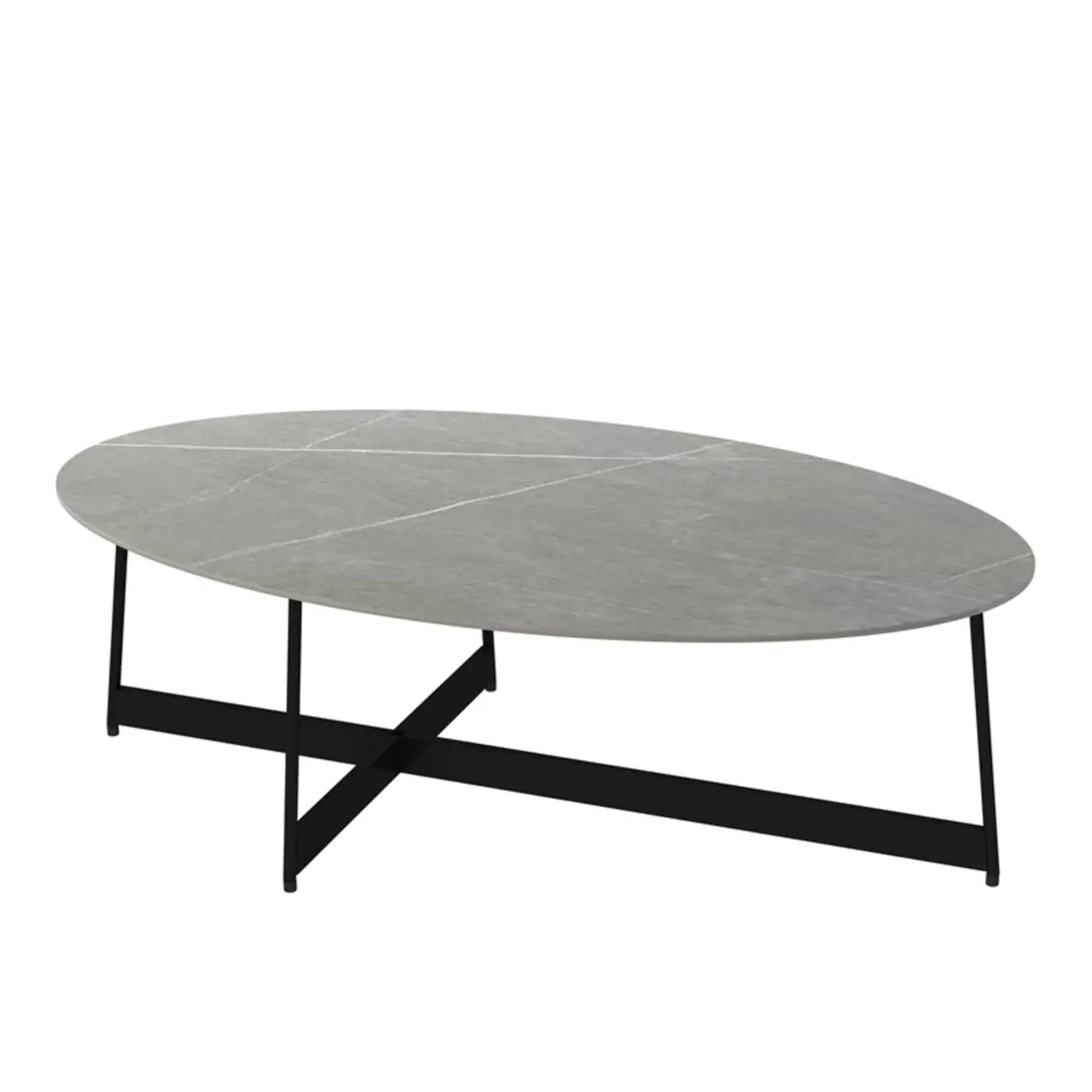 Black Oval Stone Coffee Table with Steel Cross Legs Image - 5