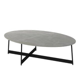Black Oval Stone Coffee Table with Steel Cross Legs Image - 5