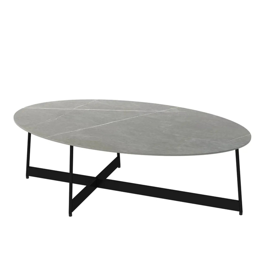 Black oval stone coffee table with steel cross legs and an open tabletop