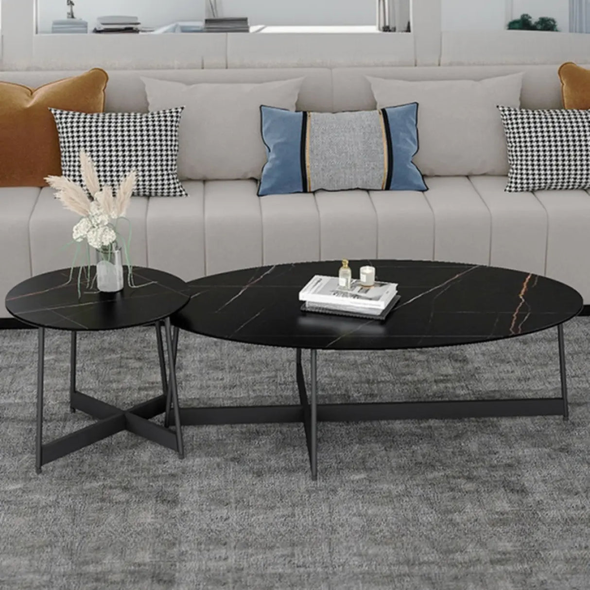 Black Oval Stone Coffee Table with Steel Cross Legs Image - 8