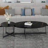 Black Oval Stone Coffee Table with Steel Cross Legs Image - 8