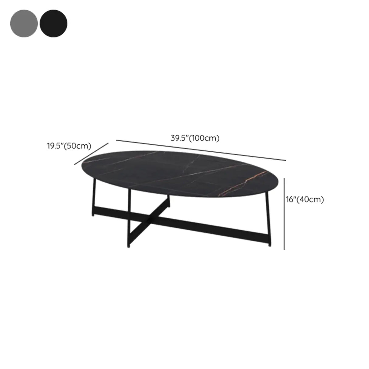 Black Oval Stone Coffee Table with Steel Cross Legs 