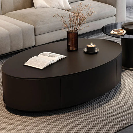 Black Oval Stone Nesting Coffee Table with Storage Image - 2