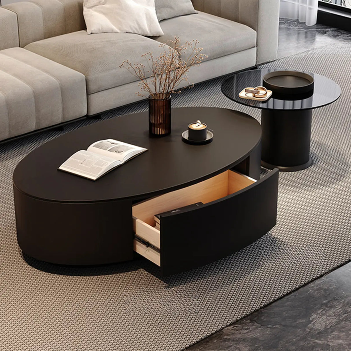 Black Oval Stone Nesting Coffee Table with Storage Image - 4