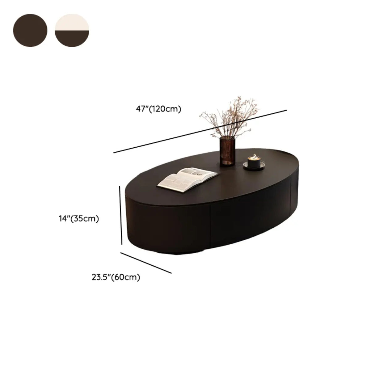 Black Oval Stone Nesting Coffee Table with Storage 