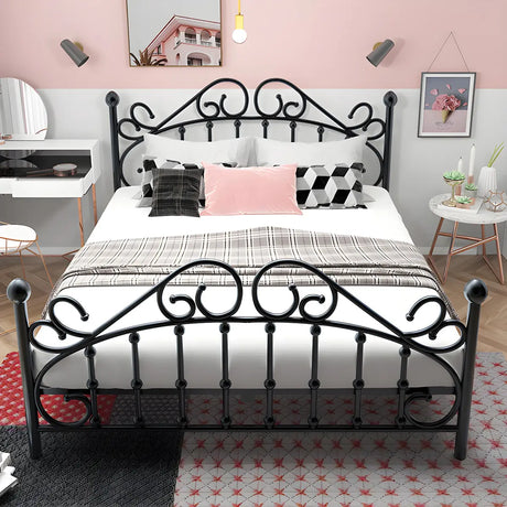 Black Queen Curved Metal Frame Elegant Open-Frame Bed Image - 2