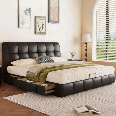 Black Queen Leather Platform Storage Bed with Drawers Image - 1
