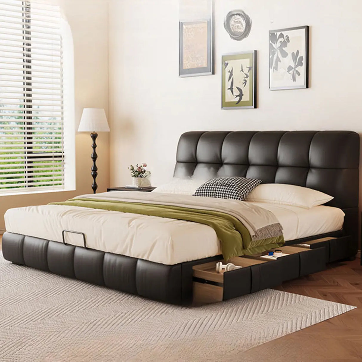 Black Queen Leather Platform Storage Bed with Drawers Image - 3