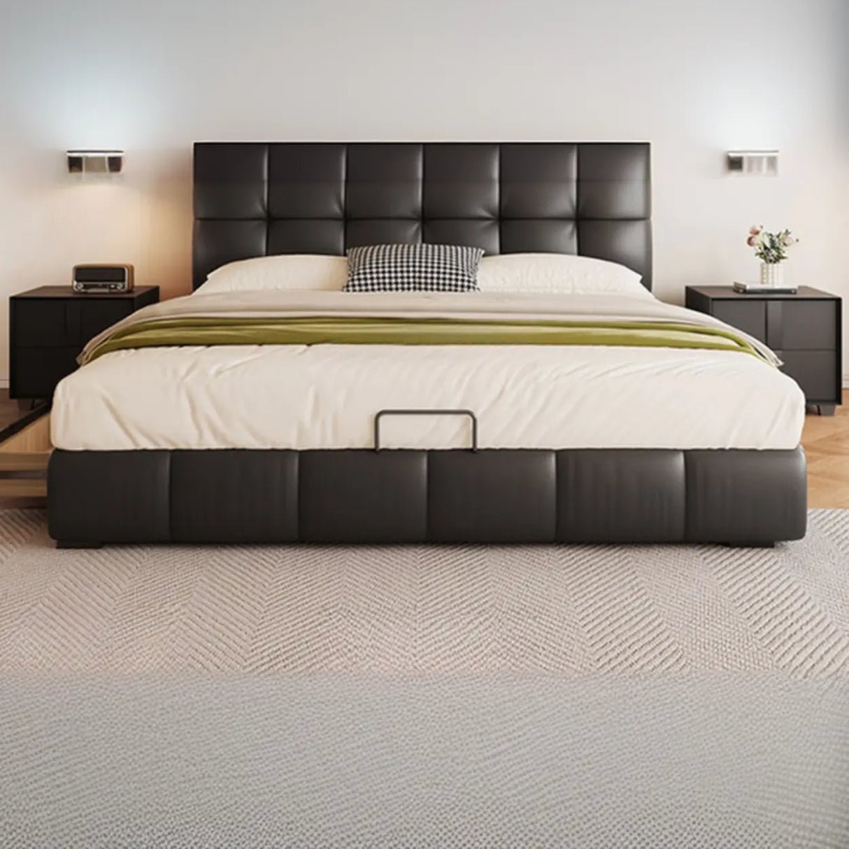 Black Queen Leather Platform Storage Bed with Drawers Image - 4