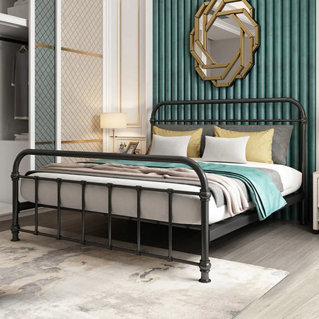 Black Queen Metal Panel Headboard Platform Bed Frame Image - 1