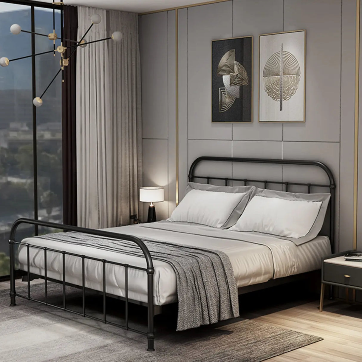 Black Queen Metal Panel Headboard Platform Bed Frame Image - 2