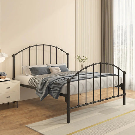 Black Queen Metal Spindle Panel Bed with Headboard Image - 1