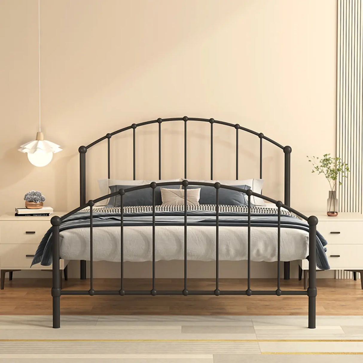 Black Queen Metal Spindle Panel Bed with Headboard Image - 3