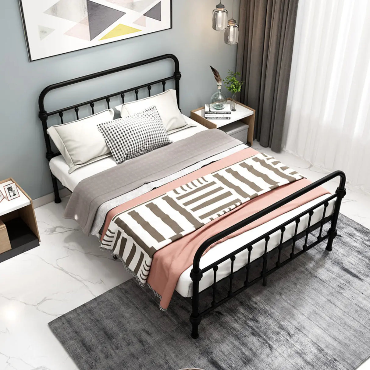 Black Queen Modern Metal Headboard and Footboard Bed Image - 1