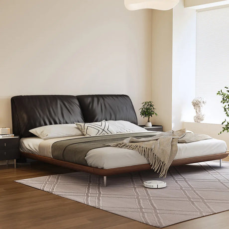 Black Queen Modern Soft Leather Upholstered Panel Bed Image - 1