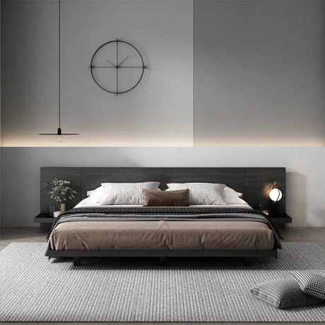 Black Queen Modern Wooden Low Clearance Headboard Bed Image - 1