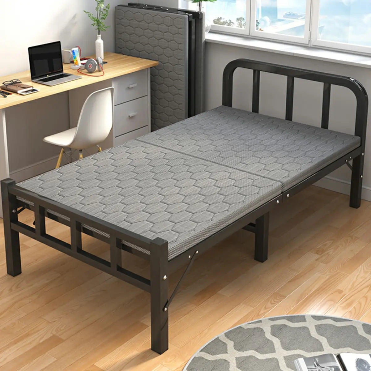 Black Queen Platform Metal Slat Bed with Headboard Image - 4