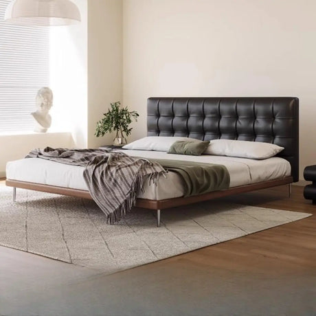 Black Queen Rectangular Leather Panel Bed with Headboard Image - 1