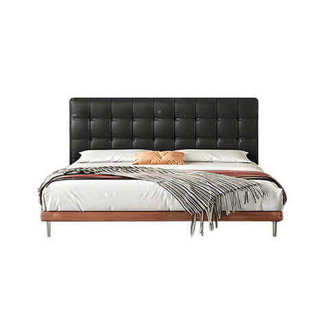 Black Queen Rectangular Leather Panel Bed with Headboard Image - 2