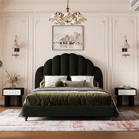 Black Queen Scalloped Velvet Upholstered Panel Bed Frame Image - 1